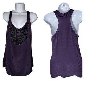 Matty M 100% Silk Low Cut Tank Top Dark Purple‎ Beaded Fringe M